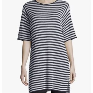 Eileen Fisher $188 Short Sleeve Striped Organic Linen Tunic Graphite Grey‎ White